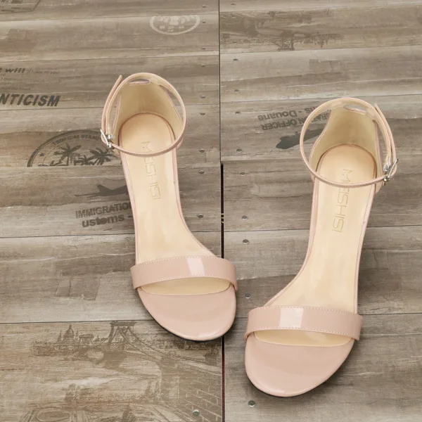 Enkla Nude Casual Sandaler Dam 2020 Ankelband 8 cm Tjocka Klackar Peep Toe Sandaler