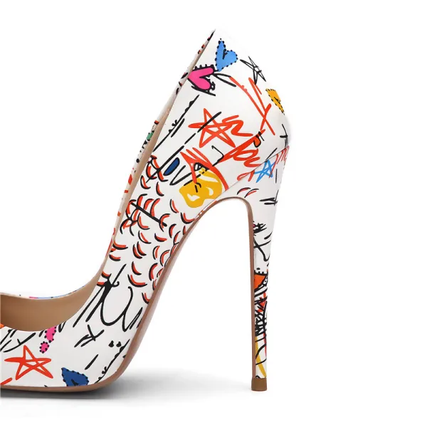 Fashion White Street Wear Doodle Cartoon Pumps 2020 12 cm Stiletto Heels Pointed Toe Pumps