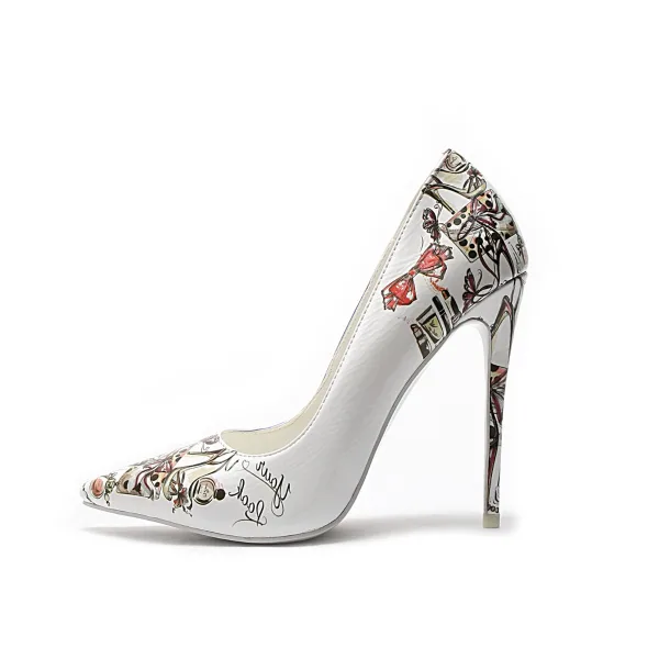 Fashion White Street Wear Pumps 2020 Doodle Cartoon 12 cm Stiletto Heels Pointed Toe Pumps
