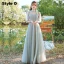 Modest / Simple Sage Green Ruffle Bridesmaid Dresses 2021 A-Line / Princess V-Neck Short Sleeve Backless Floor-Length / Long Wedding Party Dresses