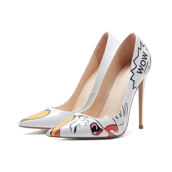 Fashion White Casual Pumps 2020 Cartoon Doodle 12 cm Stiletto Heels Pointed Toe Pumps