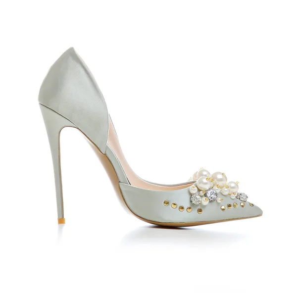Fashion Champagne Wedding Shoes 2020 Rhinestone Pearl 12 cm Stiletto Heels Pointed Toe Wedding Pumps