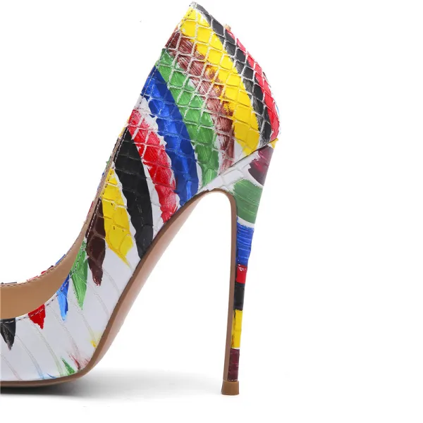 Mode Multifarben Strassenmode Gestreift Gekritzel Pumps 2020 12 cm Stilettos Spitzschuh Pumps