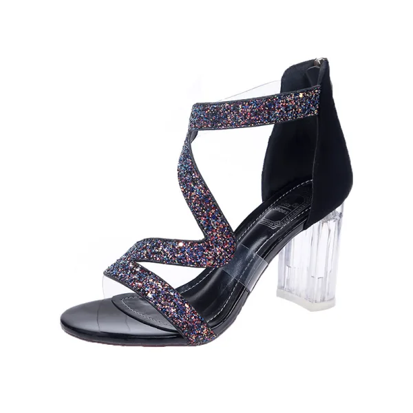 Charming Champagne Street Wear Sequins Womens Sandals 2020 X-Strap 8 cm Stiletto Heels Open / Peep Toe Sandals
