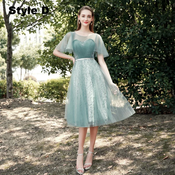 Chic / Beautiful Mint Green Bridesmaid Dresses 2021 A-Line / Princess Scoop Neck Short Sleeve Backless Sash Tea-length Wedding Party Dresses
