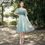 Chic / Beautiful Mint Green Bridesmaid Dresses 2021 A-Line / Princess Scoop Neck Short Sleeve Backless Sash Tea-length Wedding Party Dresses
