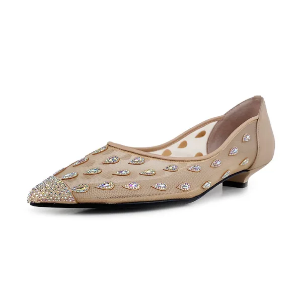 Charming Beige Street Wear Leather Pumps 2020 Pierced Rhinestone 3 cm Stiletto Heels Pointed Toe Low Heel Pumps