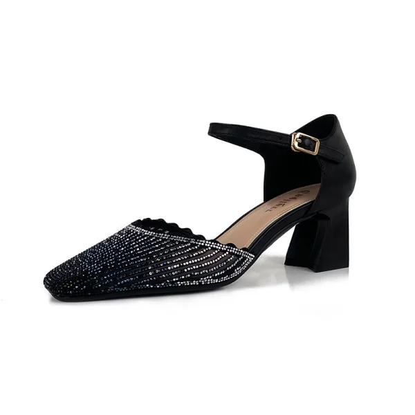Chic / Beautiful Black Street Wear Womens Sandals 2020 Leather Rhinestone Ankle Strap 8 cm Thick Heels Square Toe Sandals