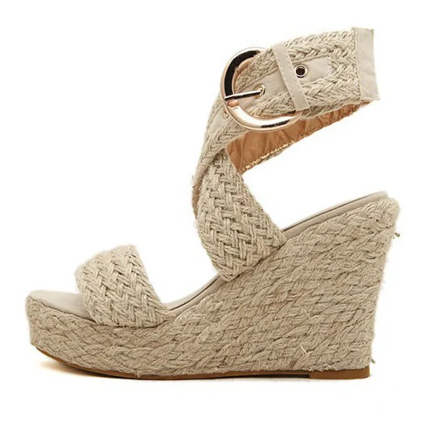Roman Brown Street Wear Braid Womens Sandals 2020 Ankle Strap 10 cm Wedges Open / Peep Toe Sandals