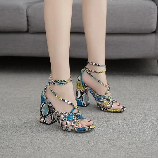 Sexy Roman Red Street Wear Snakeskin Print Womens Sandals 2020 Ankle Strap X-Strap 11 cm Thick Heels Open / Peep Toe Sandals