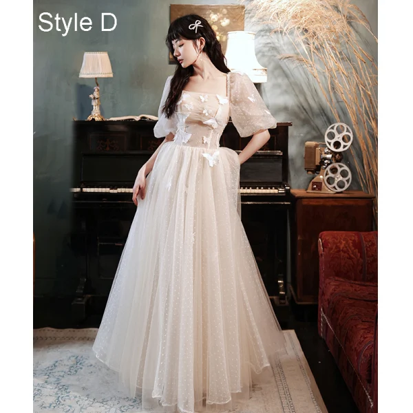 Modest / Simple Champagne Bridesmaid Dresses 2021 A-Line / Princess Scoop Neck Butterfly Lace Flower Short Sleeve Backless Floor-Length / Long Wedding Party Dresses
