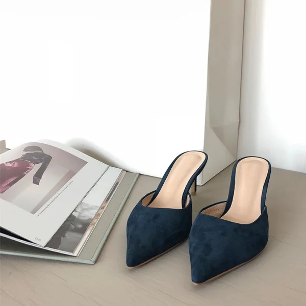 Modest / Simple Navy Blue Street Wear Suede Womens Sandals 2020 8 cm Stiletto Heels Pointed Toe Sandals