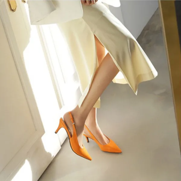 Simple Orange Désinvolte Été Slingbacks Sandales Femme 2020 Daim 10 cm Talons Aiguilles À Bout Pointu Sandales