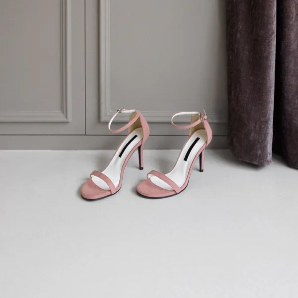 Enkla Sommar Grå Gatukläder Sandaler Dam 2020 Mocka Ankelband 8 cm Stilettklackar Peep Toe Sandaler