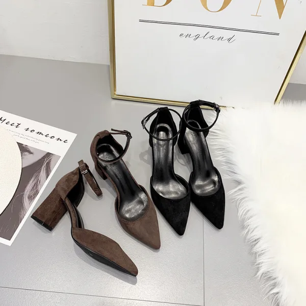 Sexy Brown Summer Street Wear Womens Sandals 2020 Suede Ankle Strap 8 cm Thick Heels Pointed Toe Sandals