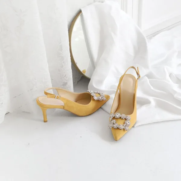 Chic / Beautiful Yellow Bridesmaid Slingbacks Womens Sandals 2020 Suede Rhinestone 10 cm Stiletto Heels Pointed Toe Sandals
