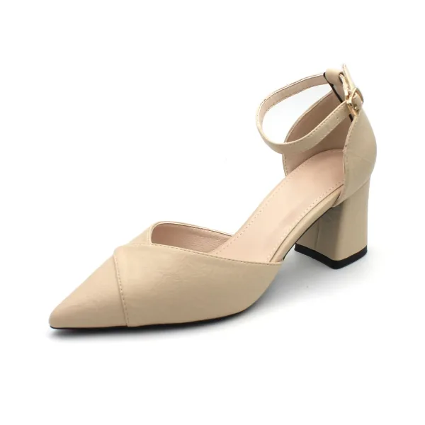 Schöne Beige Freizeit Sommer Sandalen Damen 2020 Knöchelriemen 6 cm Thick Heels Spitzschuh Sandaletten