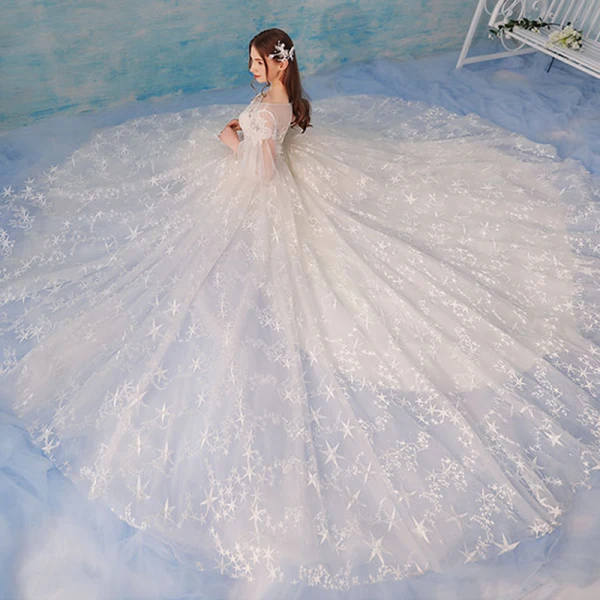 Chic / Beautiful Ivory Wedding Dresses 2018 A-Line / Princess Star Tulle Lace Flower Scoop Neck Backless 1/2 Sleeves Chapel Train Wedding