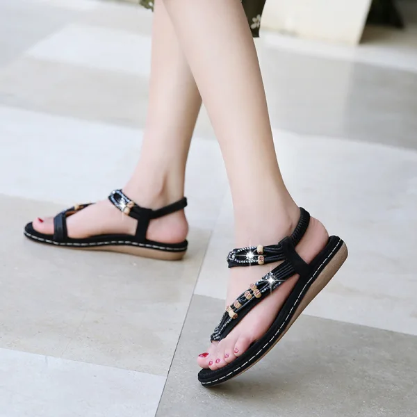 Cyganeria Granatowe Plaża Pantofle & Klapki 2020 Rhinestone Z Paskiem Peep Toe Płaskie Buty Damskie