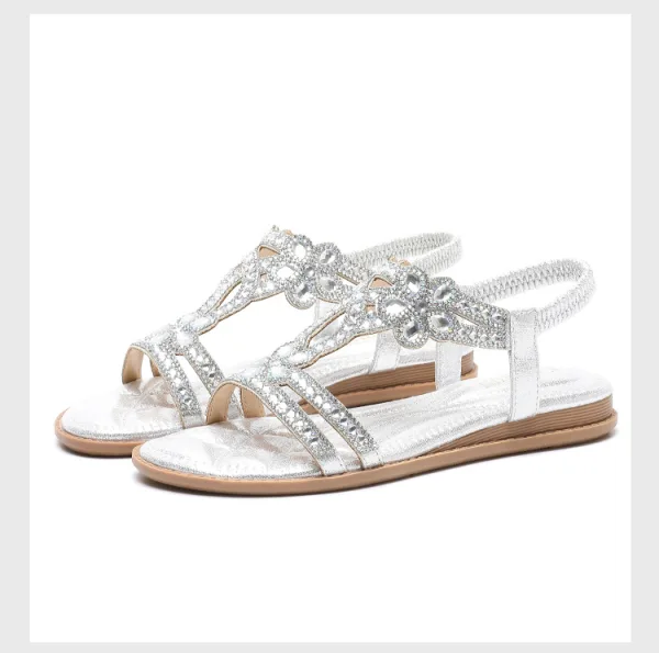 Bohemen Zilveren Zomer Straatkleding Rhinestone Pantoffel & Slippers 2020 Peep Toe Platte Damesschoenen