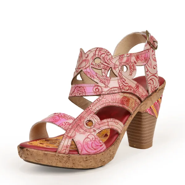 Chic / Beautiful Candy Pink Street Wear Leather Womens Sandals 2020 8 cm Thick Heels Platform Open / Peep Toe Sandals