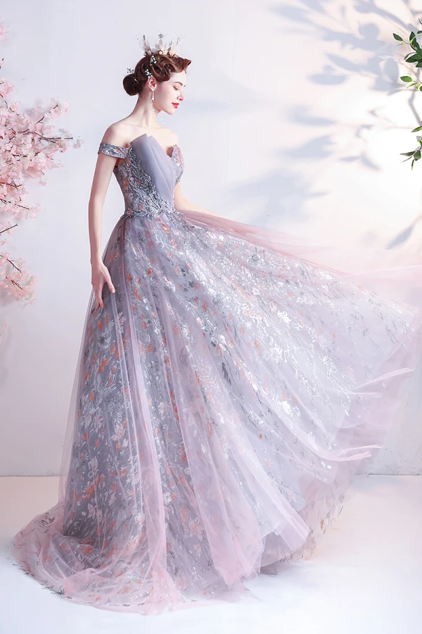 Fabulous Purple Prom Dresses 2021 A-Line / Princess Off-The-Shoulder Beading Rhinestone Sequins Lace Flower Sleeveless Backless Sweep Train Formal Dresses