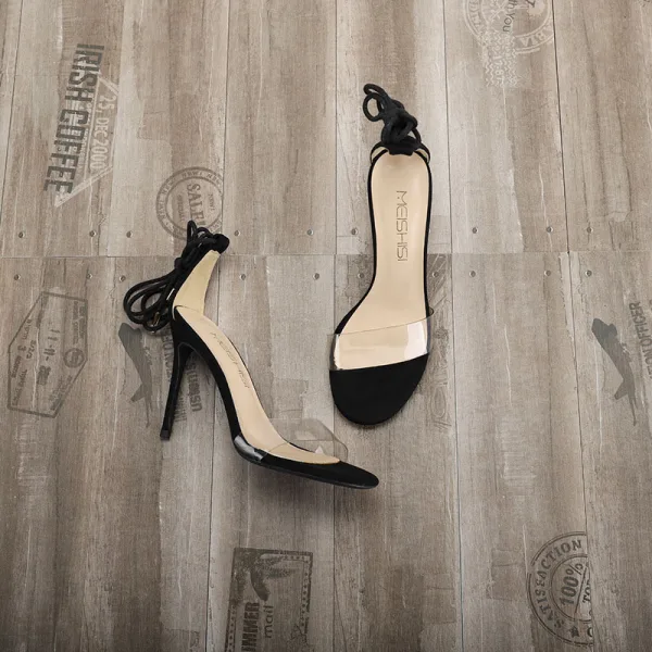 Simple Noire Vêtement de rue Daim Sandales Femme 2020 Bride Cheville 10 cm Talons Aiguilles Peep Toes / Bout Ouvert Sandales