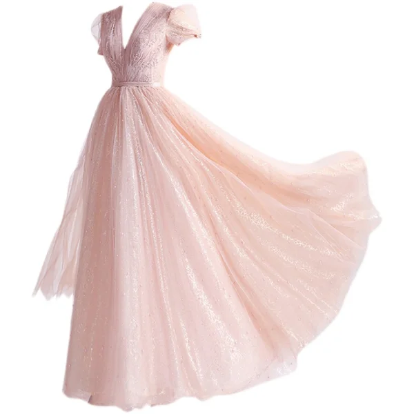 Fashion Blushing Pink Homecoming Graduation Dresses 2021 A-Line / Princess High Neck Beading Pearl Sequins Short Sleeve Backless Floor-Length / Long Formal Dresses