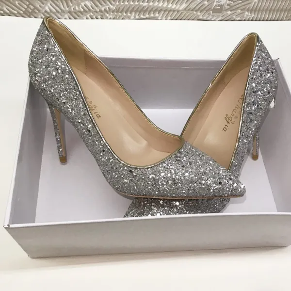 Sparkly Sølv Aften Paljetter Pumps 2020 12 cm Stiletthæler Spisse Pumps