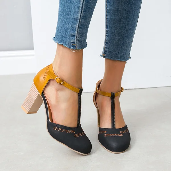 Schlicht Schwarz Strassenmode Sandalen Damen 2020 T-Riemen 8 cm Thick Heels Runde Zeh Sandaletten