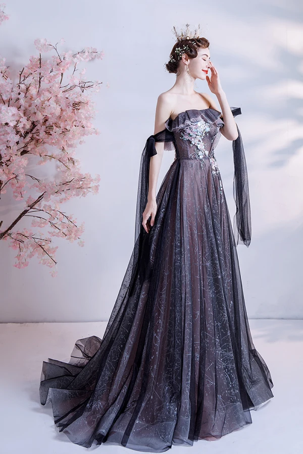 Charmant Schwarz Ballkleider 2021 A Linie Off Shoulder Perlenstickerei Pailletten Kurze Ärmel Rückenfreies Lange Festliche Kleider