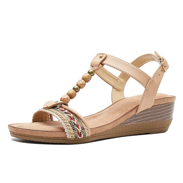 Vintage / Originale Bohême Été Rouge Plage Sandales Femme 2020 T-Strap 4 cm Compensées Talon Bas Peep Toes / Bout Ouvert Sandales