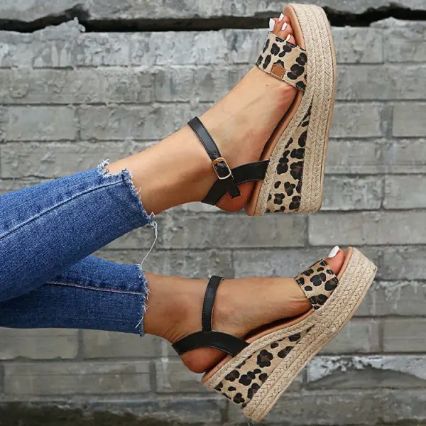Erschwinglich Schwarz Strassenmode Zebramuster Sandalen Damen 2020 5 cm Keilabsatz Peeptoes Sandaletten