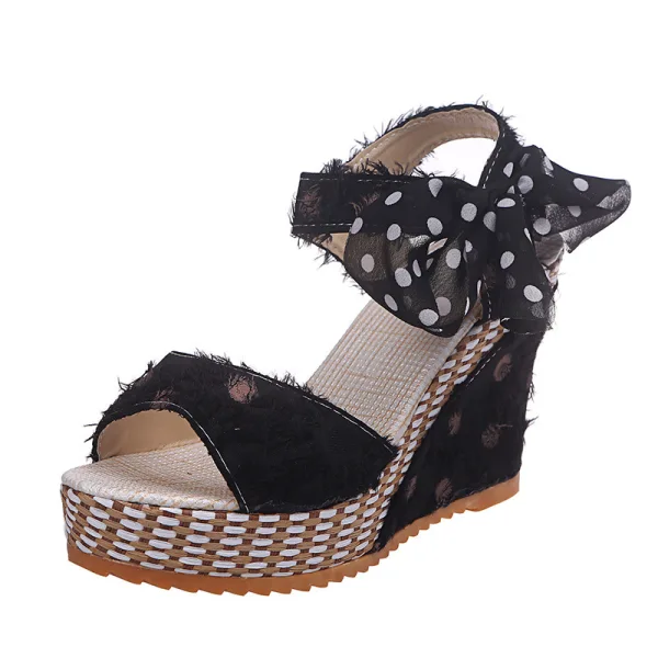 Charmant Été Noire Rendez-vous Sandales Femme 2020 Tachetée Noeud 10 cm Compensées Peep Toes / Bout Ouvert Sandales