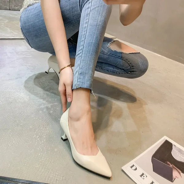 Proste / Simple Białe Biuro OL Czółenka 2020 Skórzany 6 cm Szpilki Peep Toe Czółenka