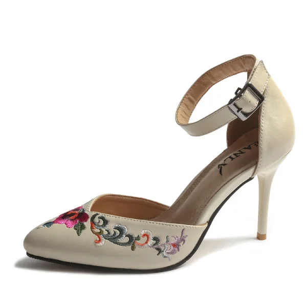 Fashion Ethnic Summer White Outdoor / Garden Womens Sandals 2020 Ankle Strap 8 cm Stiletto Heels Pointed Toe Sandals
