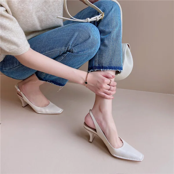 Schöne Beige Slingpumps Büro OL Sandalen Damen 2020 Leder 6 cm Stilettos Spitzschuh Sandaletten