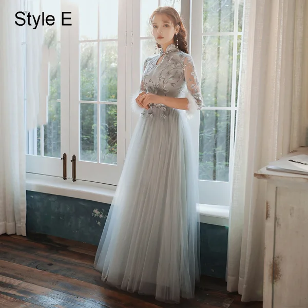 Chinese style Elegant Blushing Pink Embroidered Bridesmaid Dresses 2021 A-Line / Princess Scoop Neck 3/4 Sleeve Floor-Length / Long Wedding Party Dresses