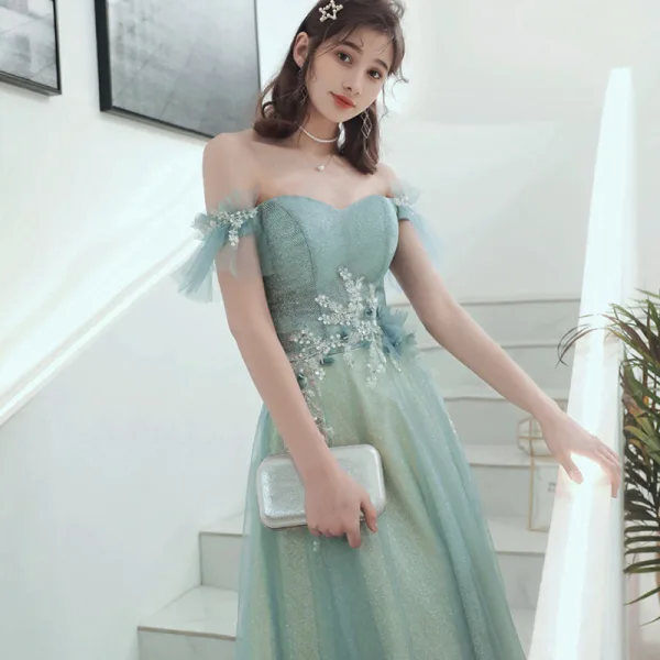 Elegant Sage Green Evening Dresses  2020 A-Line / Princess Off-The-Shoulder Beading Sequins Appliques Short Sleeve Backless Floor-Length / Long Formal Dresses