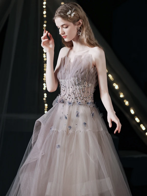 Charming Purple Prom Dresses 2021 A-Line / Princess Ruffle Strapless Beading Sleeveless Backless Floor-Length / Long Formal Dresses
