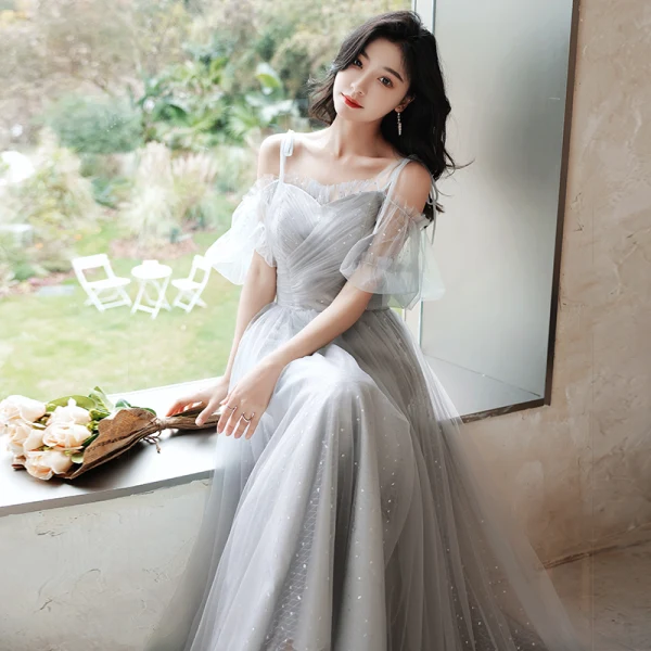 Modern / Fashion Grey Bridesmaid Dresses 2021 A-Line / Princess Scoop Neck Sequins 3/4 Sleeve Backless Floor-Length / Long Wedding Party Dresses
