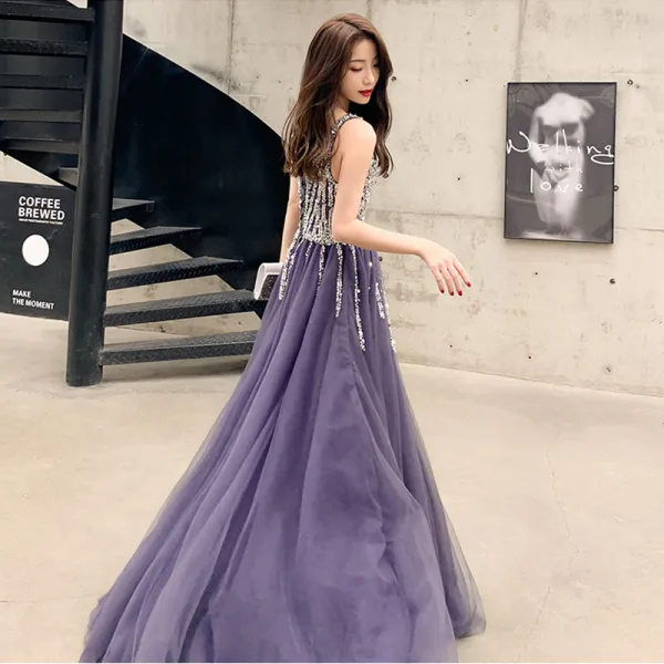 Charming Purple Evening Dresses 2020 A-Line / Princess V-Neck Beading Sequins Sleeveless Backless Floor-Length / Long Formal Dresses