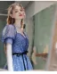 Fashion Ocean Blue Prom Dresses 2021 A-Line / Princess Square Neckline Rhinestone Sequins Short Sleeve Backless Bow Floor-Length / Long Formal Dresses