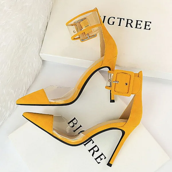 Chic / Belle Noire Désinvolte Daim Sandales Femme 2020 Bride Cheville 10 cm Talons Aiguilles À Bout Pointu Sandales