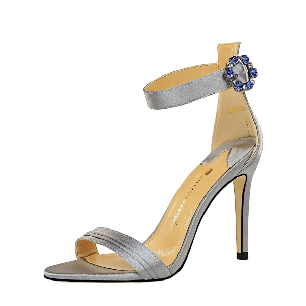 Sexy Argenté Cocktail Sandales Femme 2020 Satin Faux Diamant Bride Cheville 9 cm Talons Aiguilles Peep Toes / Bout Ouvert Sandales
