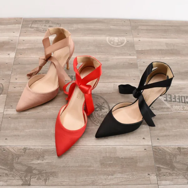 Chic / Belle Rouge Désinvolte Satin Chaussures Femmes 2020 Noeud 10 cm Talons Aiguilles À Bout Pointu Sandales