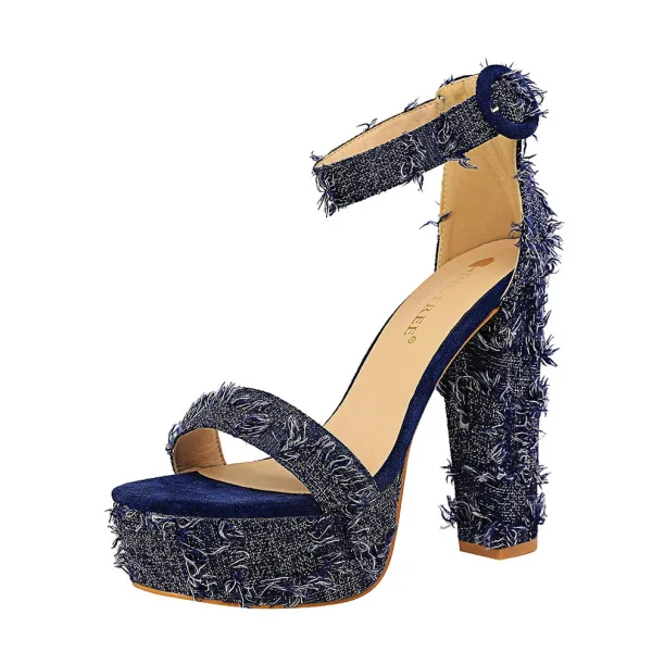 Sexy Schwarz Cocktail Sandalen Damen 2020 Denim Knöchelriemen 13 cm Thick Heels Peeptoes Sandaletten