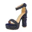 Sexy Schwarz Cocktail Sandalen Damen 2020 Denim Knöchelriemen 13 cm Thick Heels Peeptoes Sandaletten