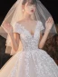 Charming Champagne Wedding Dresses 2020 Ball Gown See-through V-Neck Beading Star Sequins Lace Flower Short Sleeve Backless Royal Train