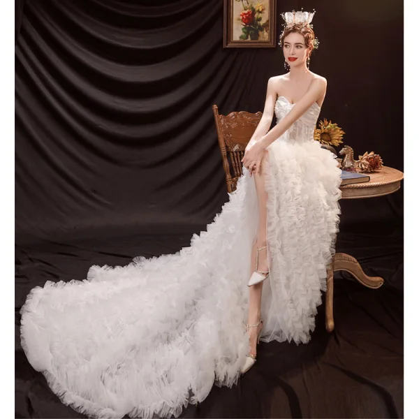 Sexy Ivory Ruffle Asymmetrical Wedding Dresses 2021 A-Line / Princess Satin Strapless Sleeveless Wedding